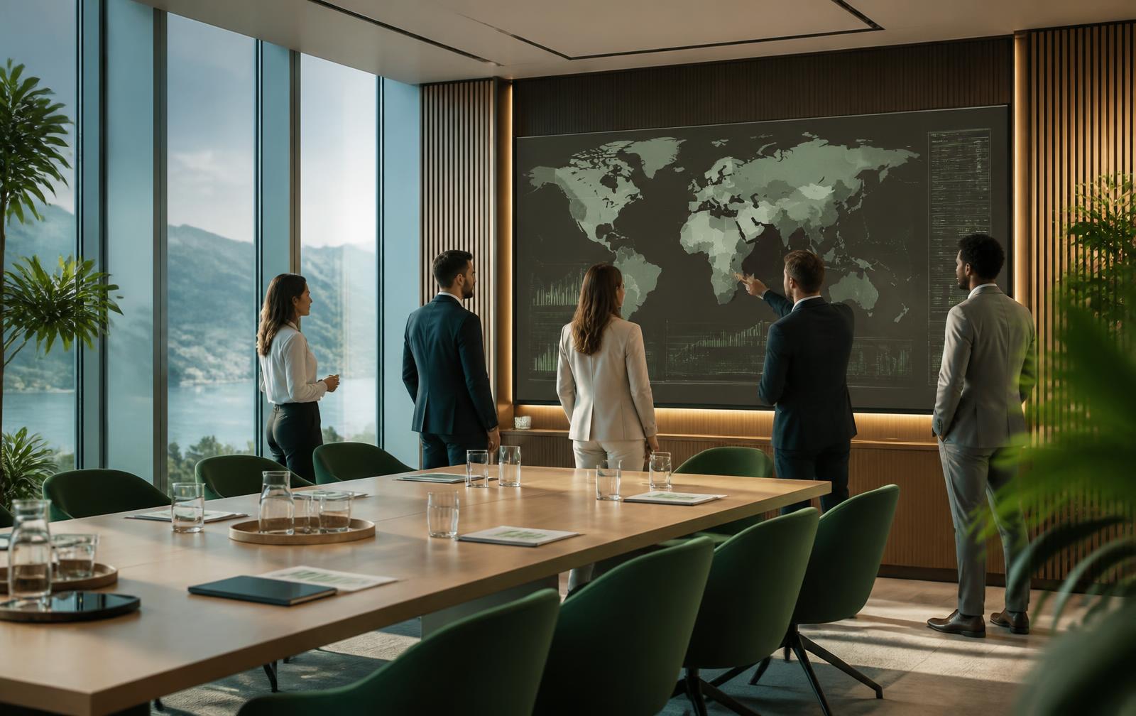 Internationales Team vor einer Weltkarte in einem Konferenzraum