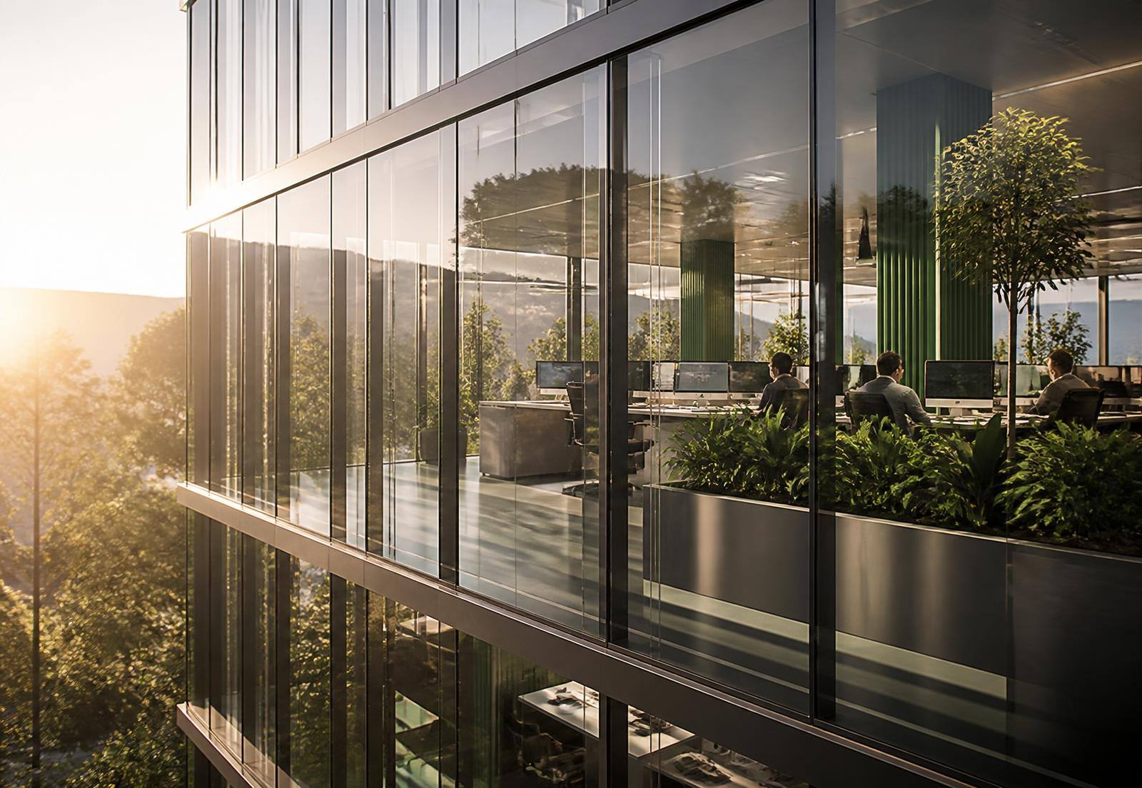 Urbanes Bürogebäude mit Glasfassade und warm beleuchteten Arbeitsplätzen