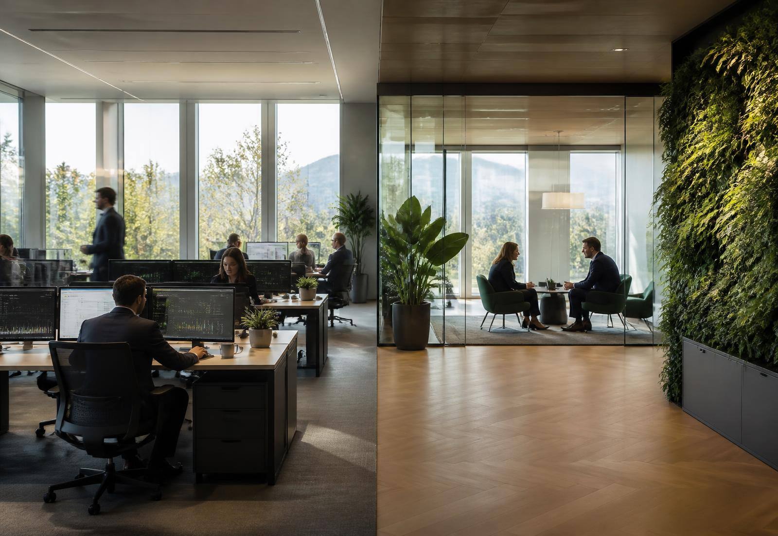 Modernes Finanzbüro mit Glaswänden und begrünter Innenwand
