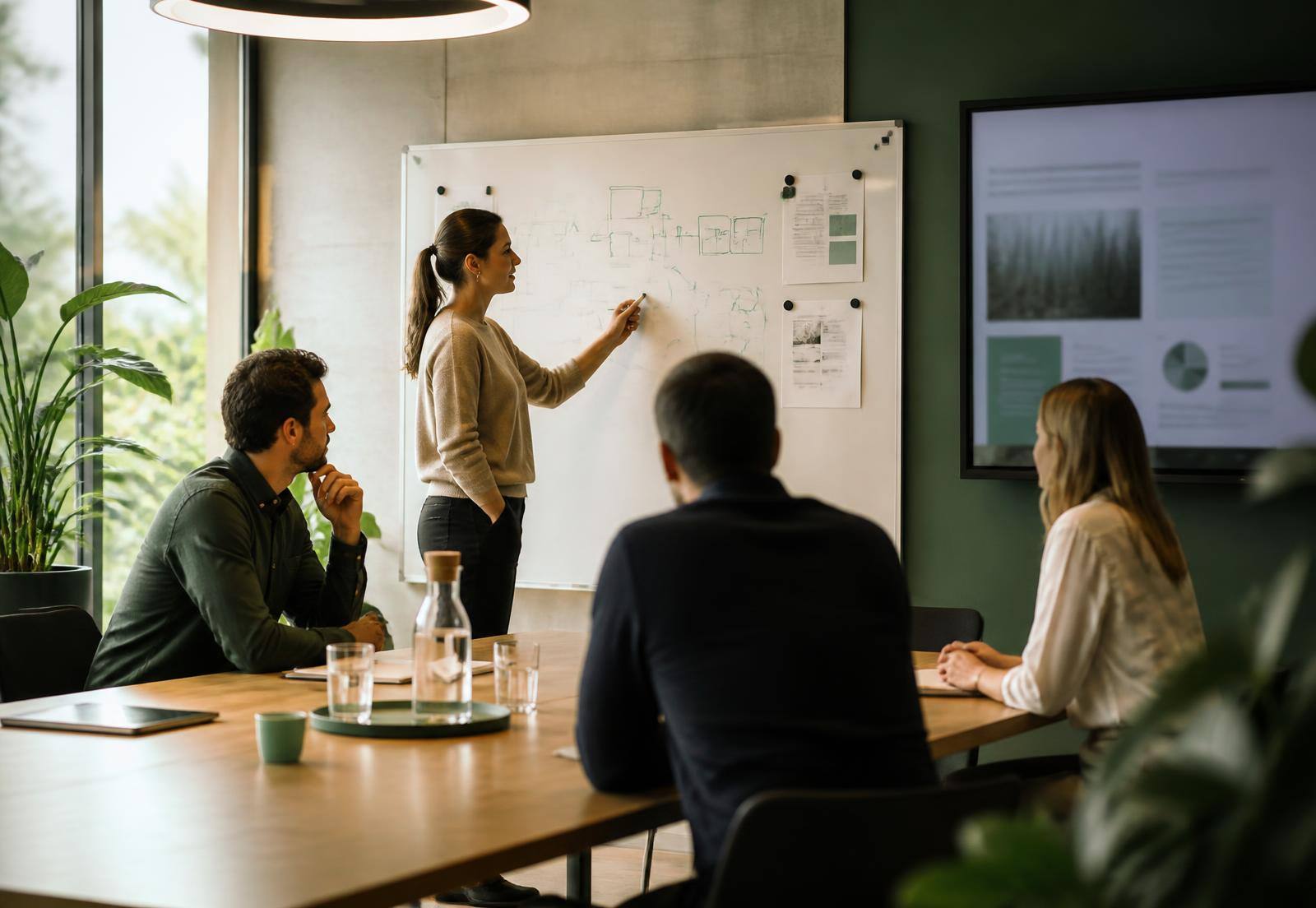 Strategischer Workshop vor einem Whiteboard in moderner Büroumgebung