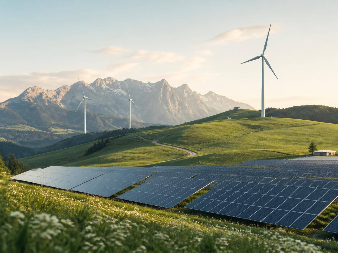 Windkraftanlagen und Solarpanels in grüner Landschaft